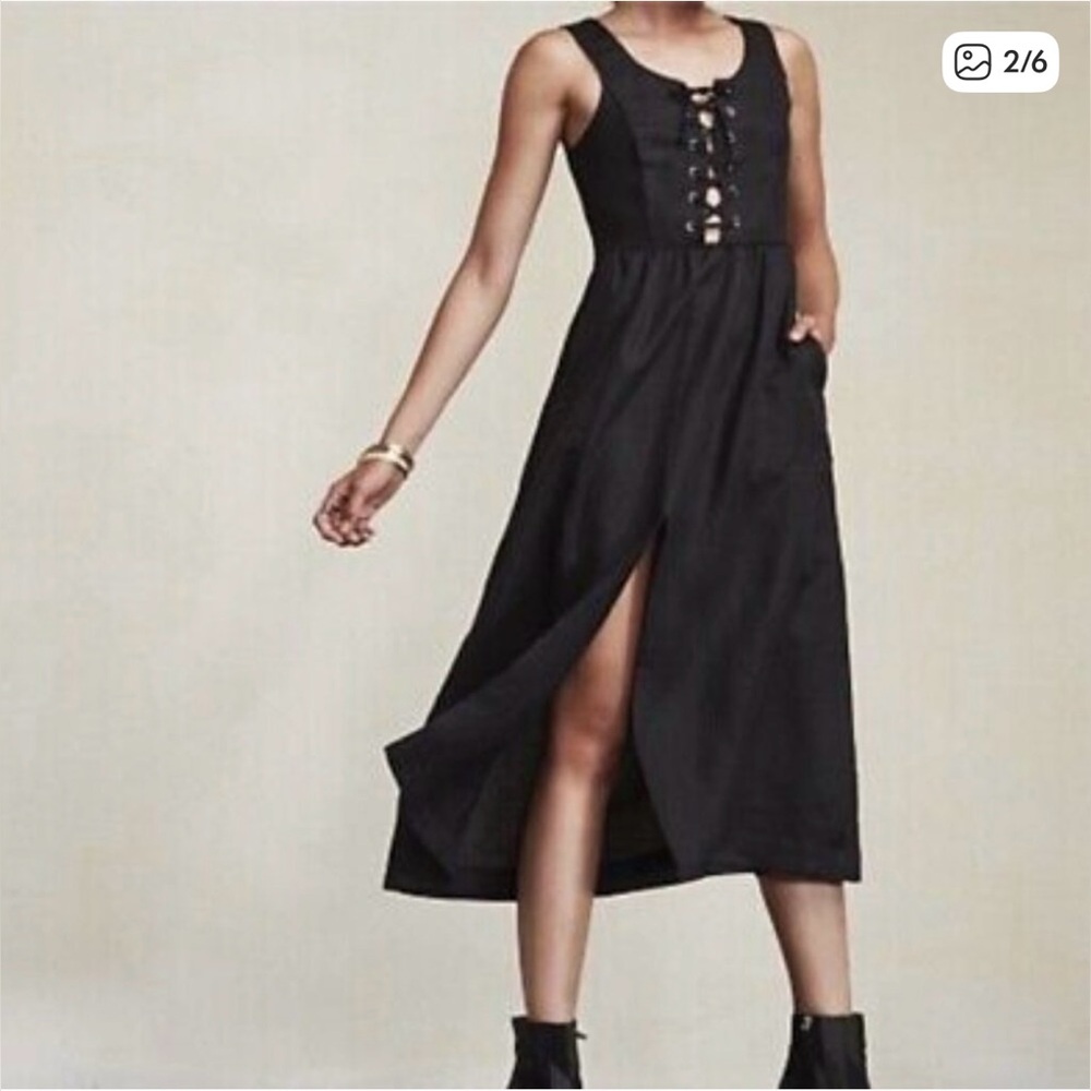 The Reformation Lido Navy Linen Lace up Dress